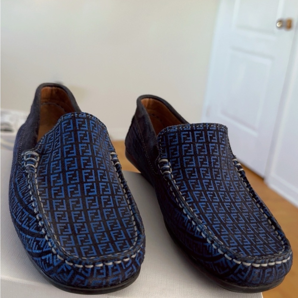 Fendi Blue Slip-On Loafers with Monogram Print